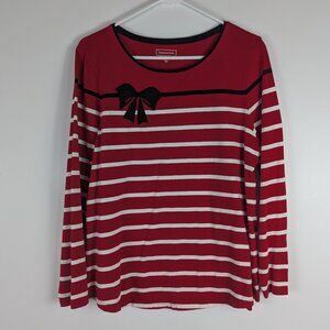 Charter Club Red White Striped Beaded Bow Top Casual Long Sleeve Womens Large